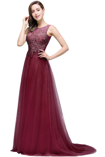 Long Sleeveless Round Neck Tulle A line Lace Appliques Bridesmaid Dress - YESBABYONLINE
