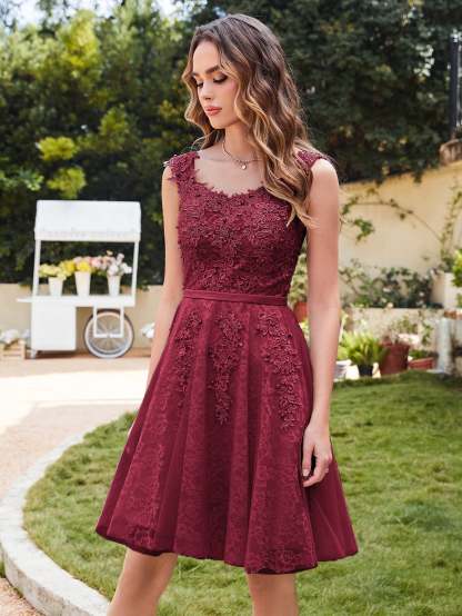 Short Tulle A line Sleeveless Knee Length Homecoming Dress - YESBABYONLINE
