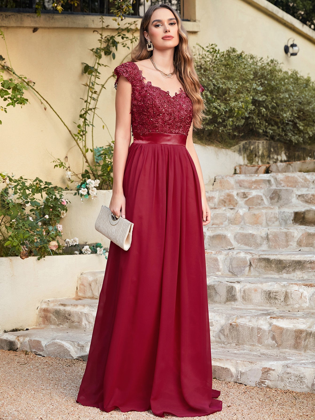 Long A line Scoop Neck Chiffon Floor Length Dress Lace Bridesmaid Dress - YESBABYONLINE