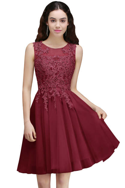 A line Round Neck Tulle Lace Mini Bridesmaid Dress with Appliques Lace - YESBABYONLINE