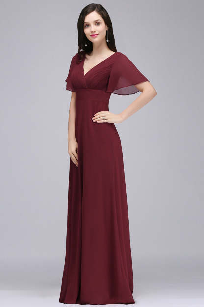 A Line Poet Sleeves Ruffle Chiffon V-Neck Long Bridesmaid Dress - YESBABYONLINE