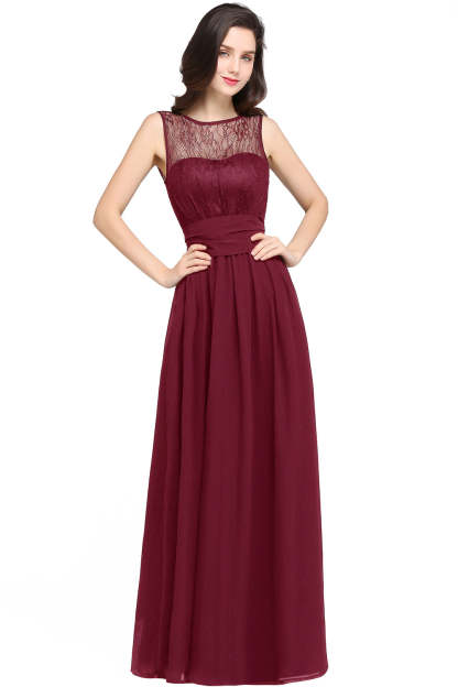 Long Off The Shoulder Round Neck Chiffon Bridesmaid Dress with Floral Lace and Ruffle - YESBABYONLINE
