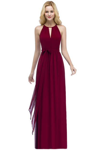 Long A line Halter Chiffon Ruffle Floor Length Bridesmaid Dress - YESBABYONLINE