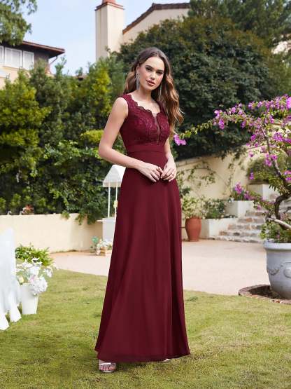 Long A Line Floral Lace Floor Length Sleeveless Chiffon Bridesmaid Dress - YESBABYONLINE