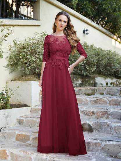A line Round Neck Half Sleeves Tulle Lace Appliques Long Bridesmaid Dresses - YESBABYONLINE
