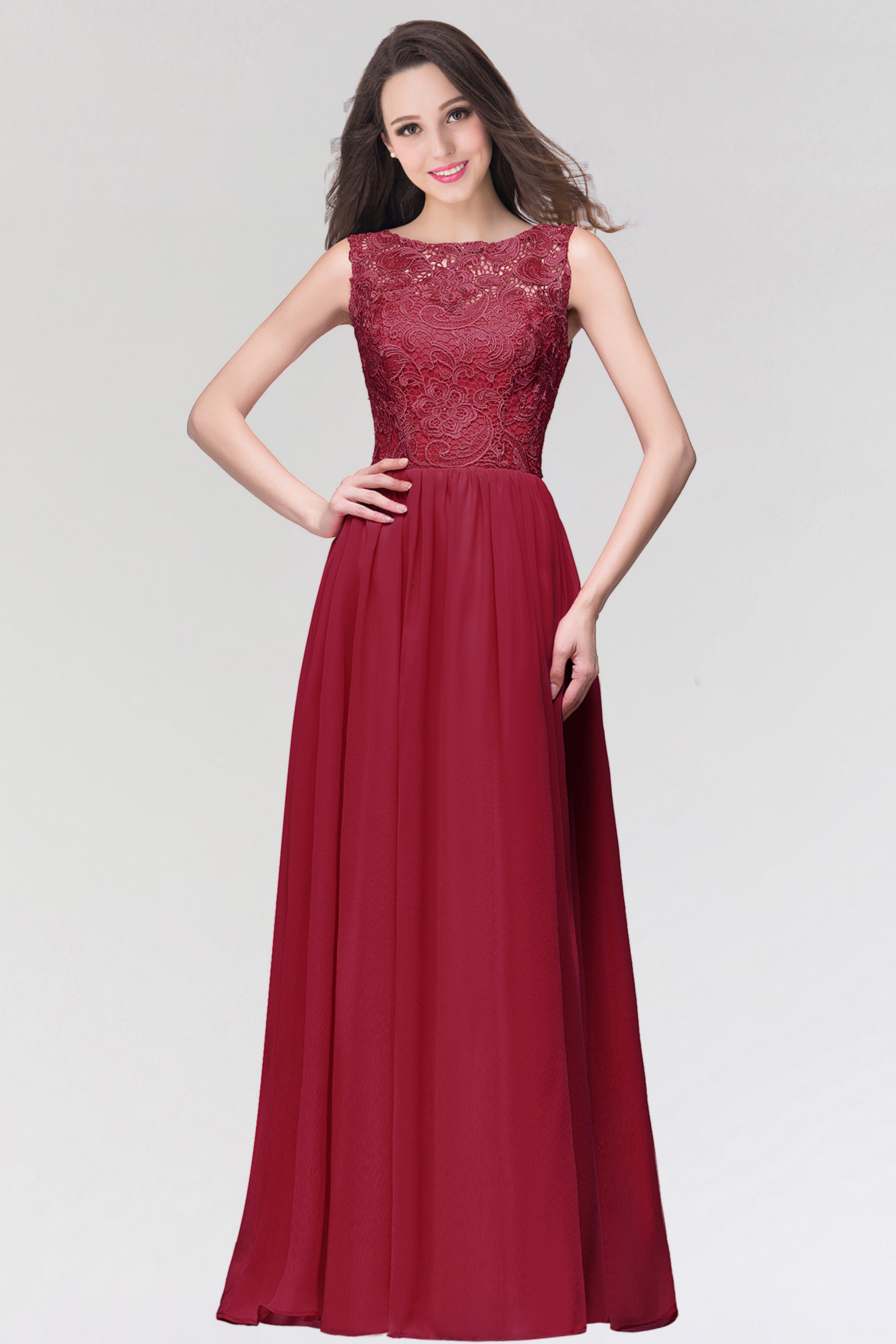 Long Chiffon Lace Sleeveless A Line Ruched Bridesmaid Dress - YESBABYONLINE