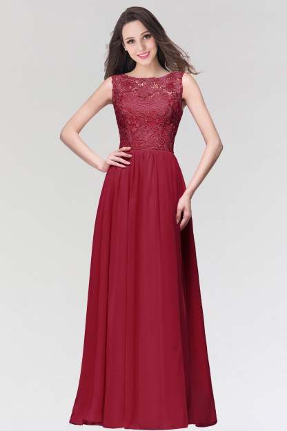 Long Chiffon Lace Sleeveless A Line Ruched Bridesmaid Dress - YESBABYONLINE