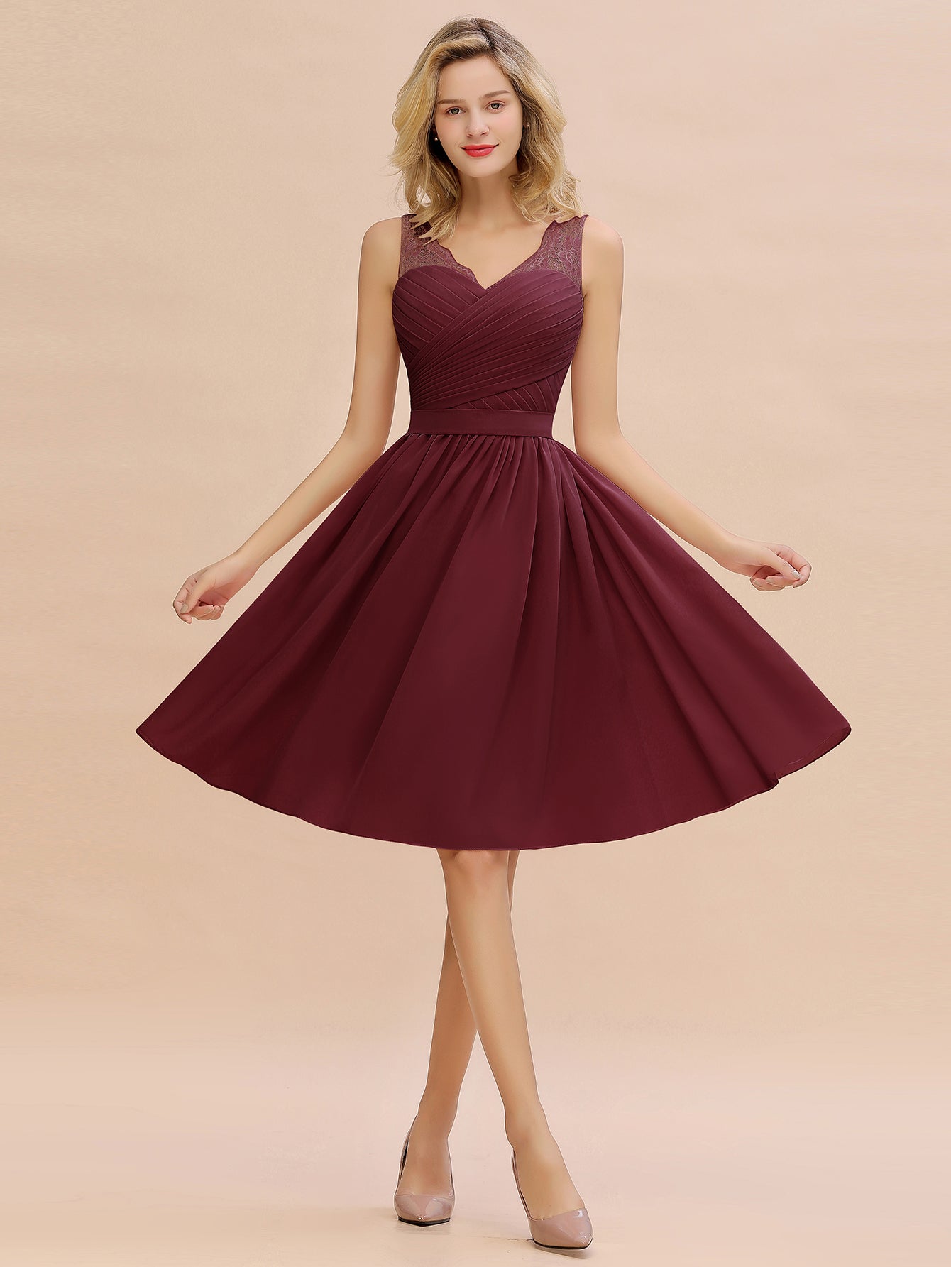 Simple Short A Line V-neck Chiffon Knee Length Bridesmaid Dress - YESBABYONLINE