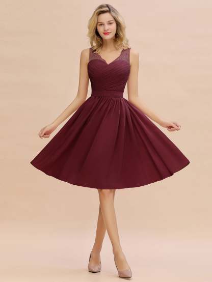 Simple Short A Line V-neck Chiffon Knee Length Bridesmaid Dress - YESBABYONLINE