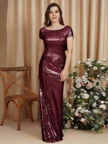 Long Open Back Sequins Scoop Neck Mermaid Floor Length Bridesmaid Dress - YESBABYONLINE