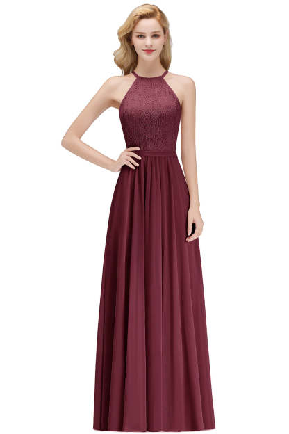 Long A Line Halter Floor Length Floral Lace Chiffon Evening Dress - YESBABYONLINE