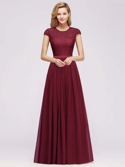 Long A-line Tulle Floral Lace Bridesmaid Dress with Cap Sleeves - YESBABYONLINE