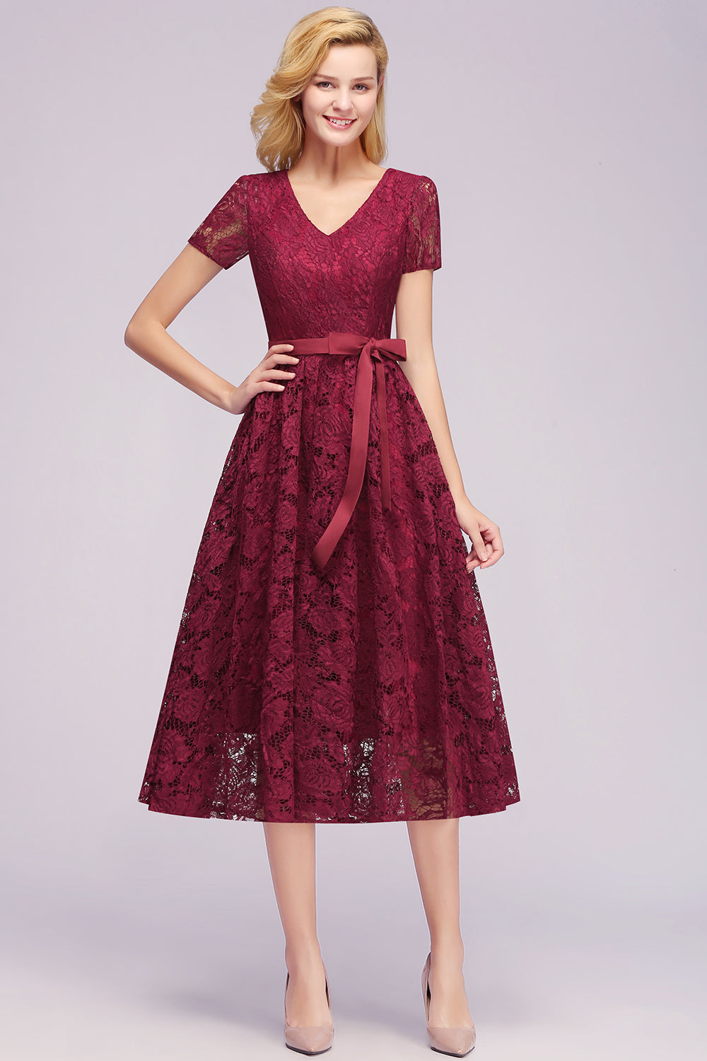 V Neck A Line Tea Length Floral Lace Formal Dress with Sleeves - YESBABYONLINE