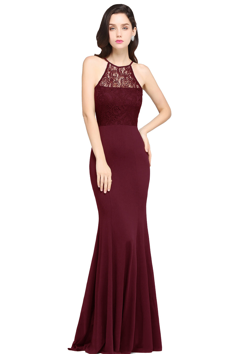 Halter Floral Lace Chiffon Mermaid Long Bridesmaid Dress - YESBABYONLINE