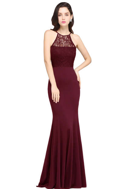 Halter Floral Lace Chiffon Mermaid Long Bridesmaid Dress - YESBABYONLINE