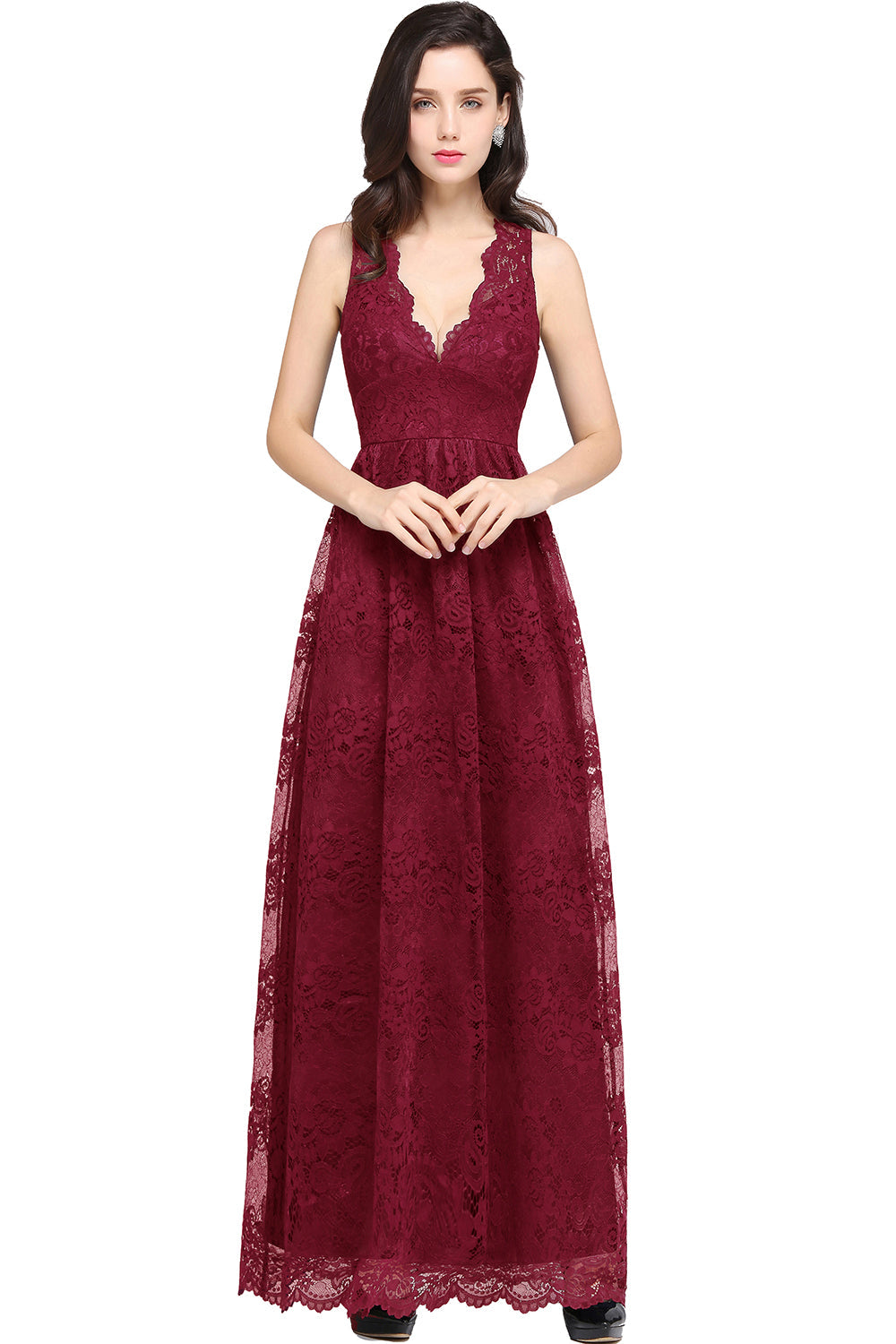 Long A Line Lace V Neck Sleveless Floor Length Evening Dress - YESBABYONLINE