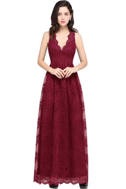 Long A Line Lace V Neck Sleveless Floor Length Evening Dress - YESBABYONLINE