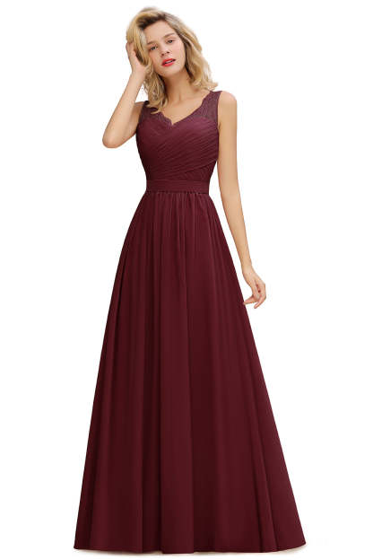 Long A line V-neck Ruffle Sleeveless Chiffon Bridesmaid Dress - YESBABYONLINE