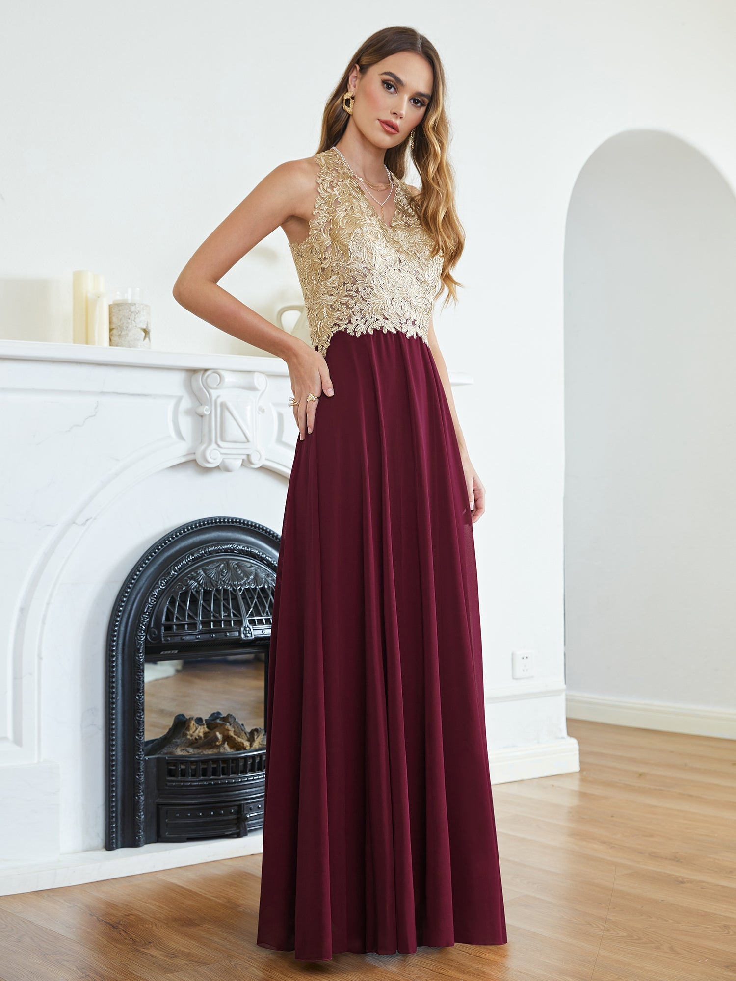 Long A Line Halter Gold Appliques Chiffon Wedding Party Dress - YESBABYONLINE