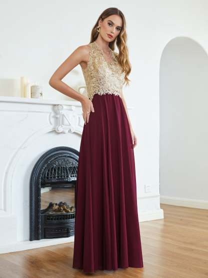 Long A Line Halter Gold Appliques Chiffon Wedding Party Dress - YESBABYONLINE