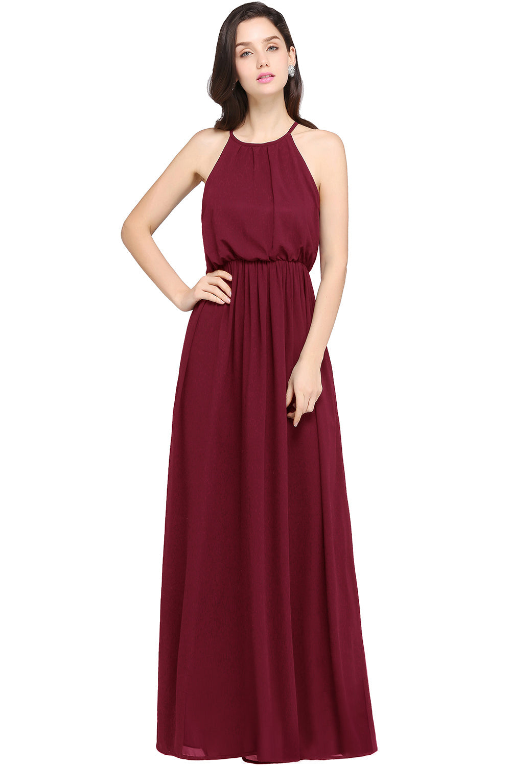 Casual Long Halter Chiffon Floor Length A Line Bridesmaid Dress - YESBABYONLINE