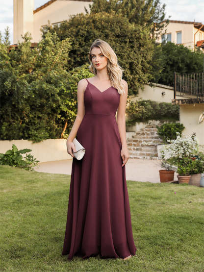 Long V-neck Backless Satin A-line Bridesmaid Dresses - YESBABYONLINE