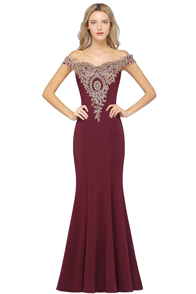 Long Off-the-Shoulder Gold Appliques Mermaid Evening Dress - YESBABYONLINE