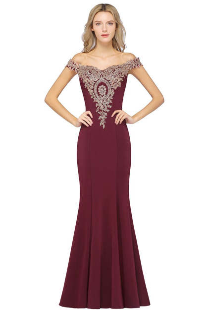 Long Off-the-Shoulder Gold Appliques Mermaid Evening Dress - YESBABYONLINE