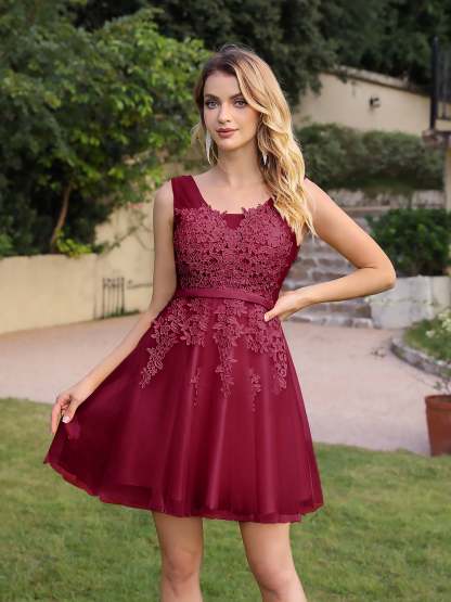 Short A-line Mini Tulle Formal Dress with Lace Appliques - YESBABYONLINE