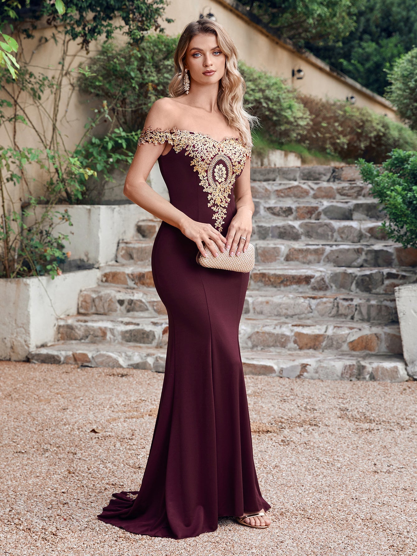 Long Off-the-Shoulder Floor Length Mermaid Evening Dress with Gold Appliques - YESBABYONLINE