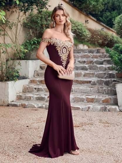 Long Off-the-Shoulder Floor Length Mermaid Evening Dress with Gold Appliques - YESBABYONLINE