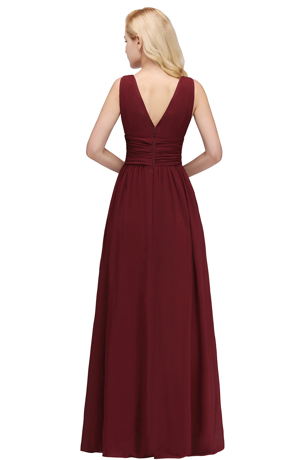 Long Chiffon V Neck Off The Shoulder Ruffle Floor Length Bridesmaid Dress - YESBABYONLINE
