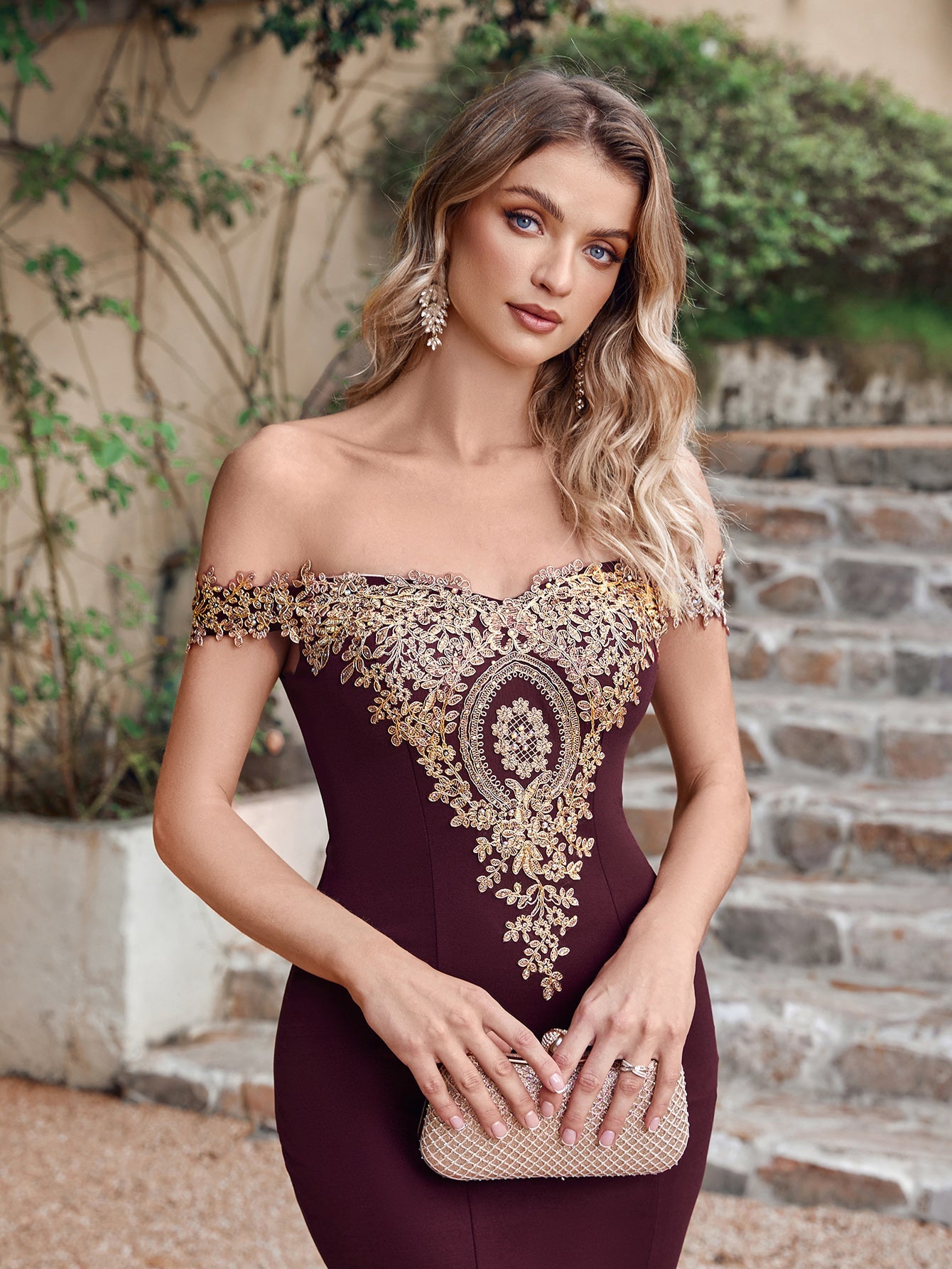 Long Off-the-Shoulder Floor Length Mermaid Evening Dress with Gold Appliques - YESBABYONLINE