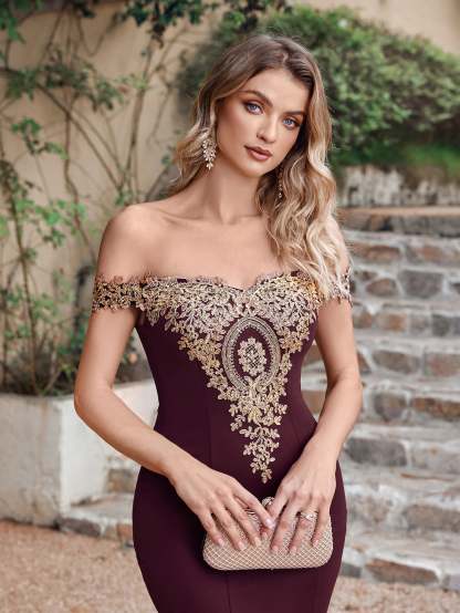 Long Off-the-Shoulder Floor Length Mermaid Evening Dress with Gold Appliques - YESBABYONLINE