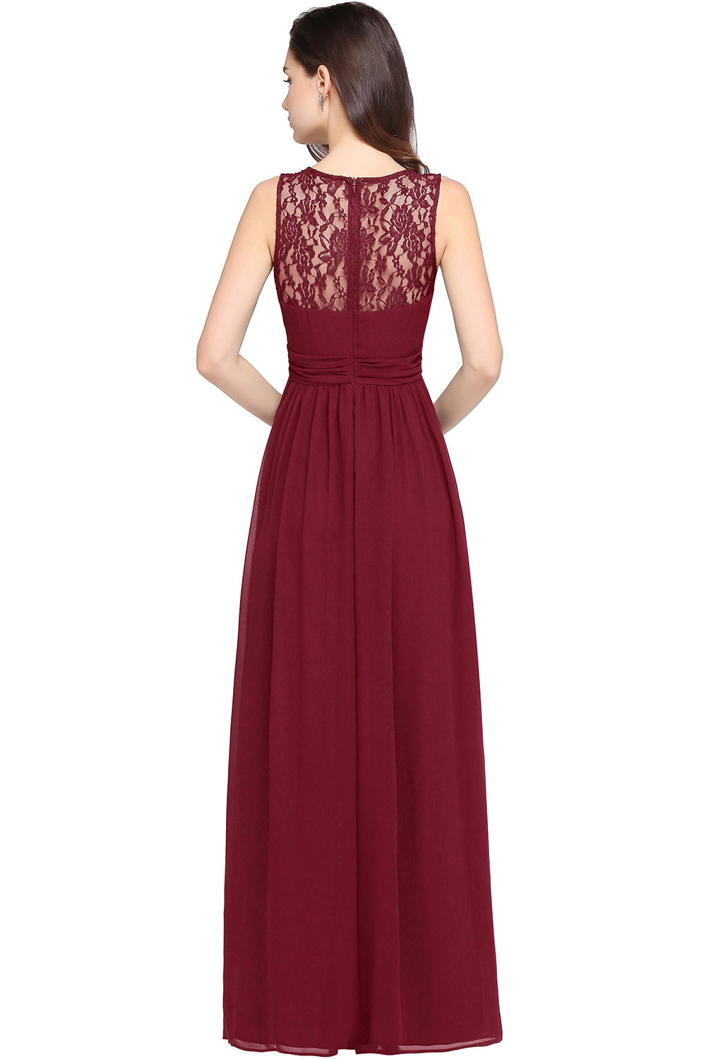 Long A Line Round Neck Chiffon Floor Length Formal Dresses - YESBABYONLINE