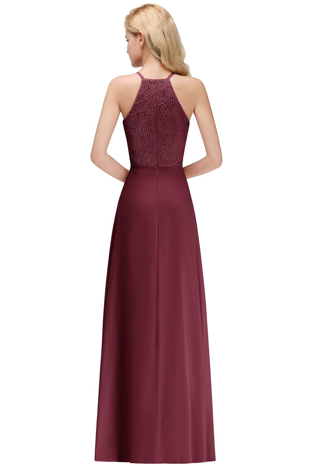Long A Line Halter Floor Length Floral Lace Chiffon Evening Dress - YESBABYONLINE