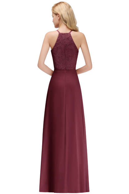 Long A Line Halter Floor Length Floral Lace Chiffon Evening Dress - YESBABYONLINE