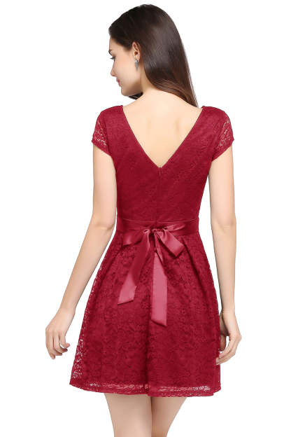 Short Cap Sleeves Formal Dress Round Neck Lace A line Bridesmaid Dress - YESBABYONLINE