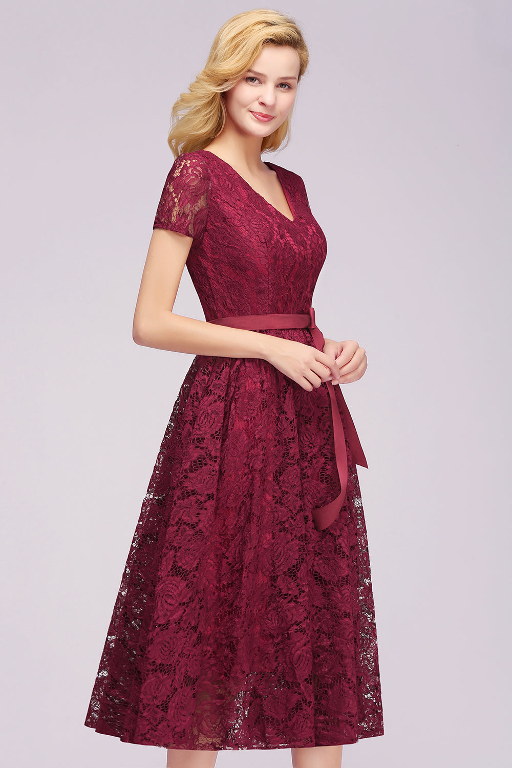 V Neck A Line Tea Length Floral Lace Formal Dress with Sleeves - YESBABYONLINE