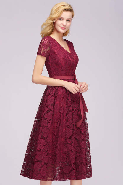 V Neck A Line Tea Length Floral Lace Formal Dress with Sleeves - YESBABYONLINE