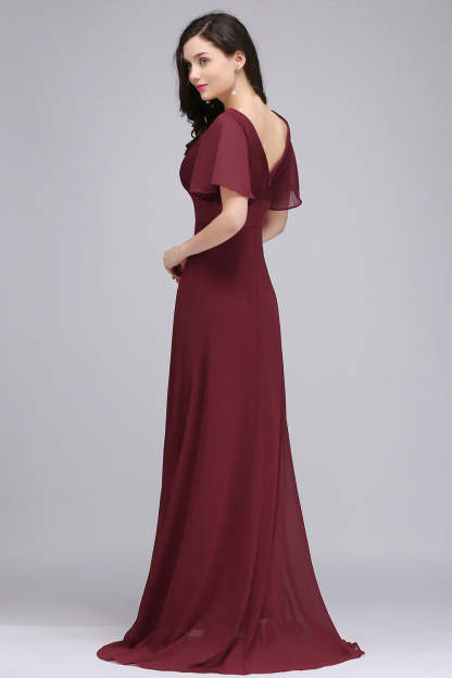 A Line Poet Sleeves Ruffle Chiffon V-Neck Long Bridesmaid Dress - YESBABYONLINE