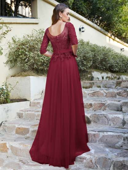 A line Round Neck Half Sleeves Tulle Lace Appliques Long Bridesmaid Dresses - YESBABYONLINE