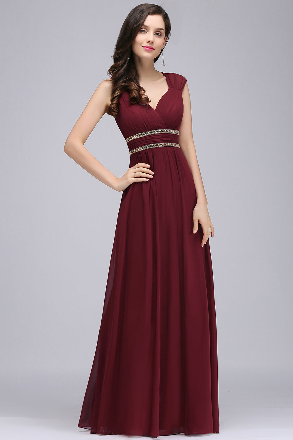 V Neck A Line Off The Shoulder Chiffon Long Bridesmaid Dress - YESBABYONLINE
