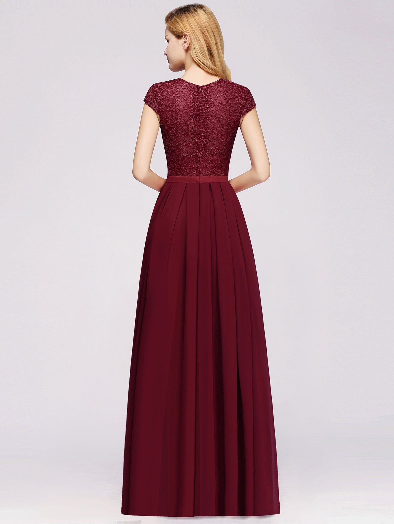 Long A-line Tulle Floral Lace Bridesmaid Dress with Cap Sleeves - YESBABYONLINE
