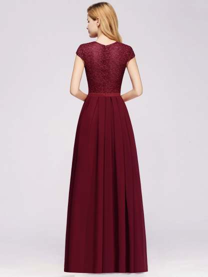 Long A-line Tulle Floral Lace Bridesmaid Dress with Cap Sleeves - YESBABYONLINE