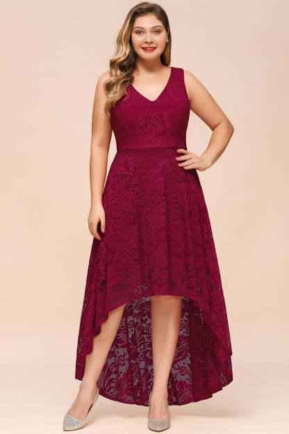 High Low A line V neck Sleeveless Lace Formal Dress - YESBABYONLINE