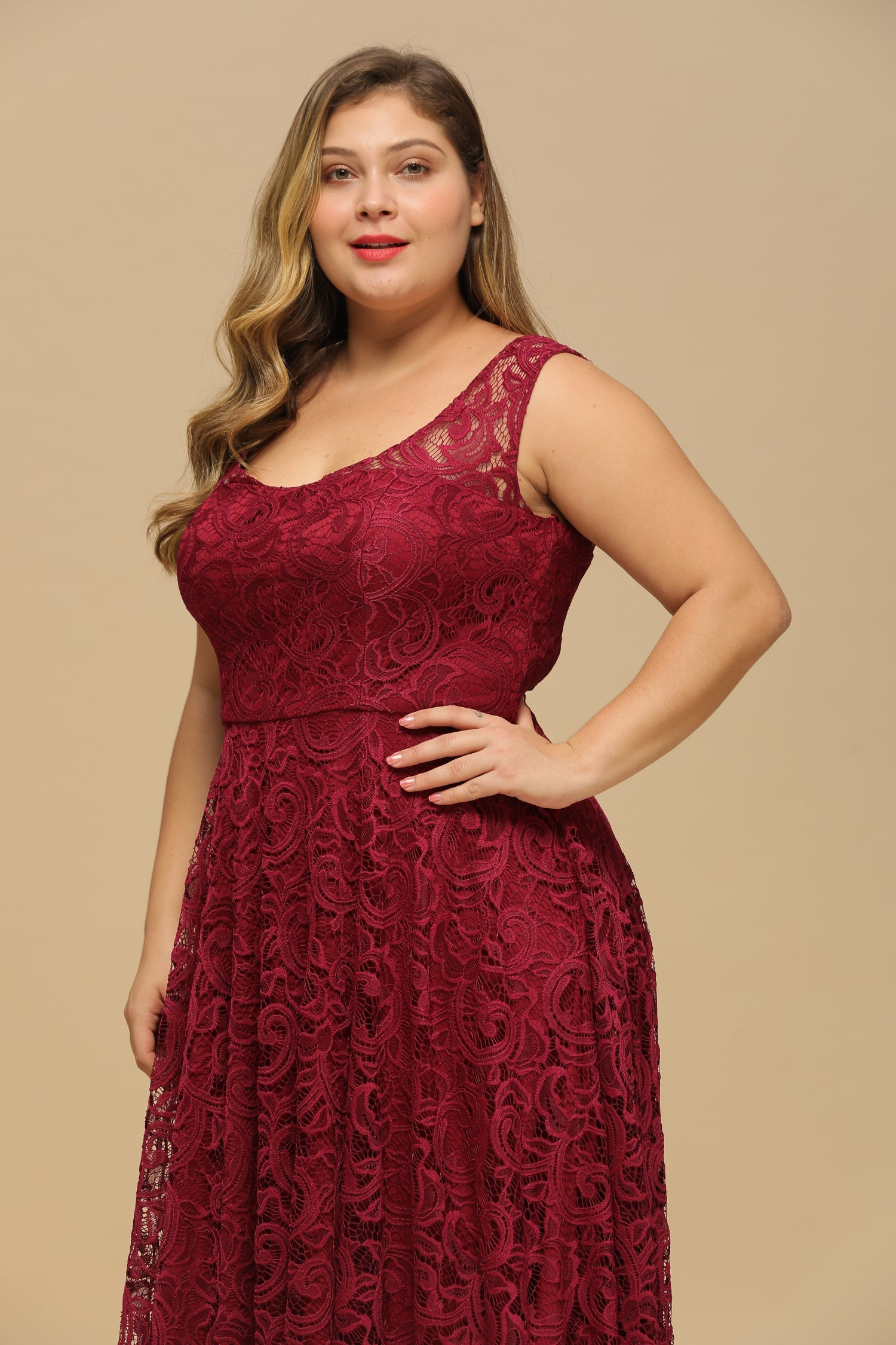 High Low A line U Neck Sleeveless Lace Formal Dress - YESBABYONLINE