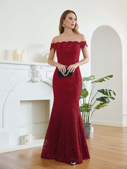 Long Mermaid Off the Shoulder Lace Floor Length Evening Dresses - YESBABYONLINE