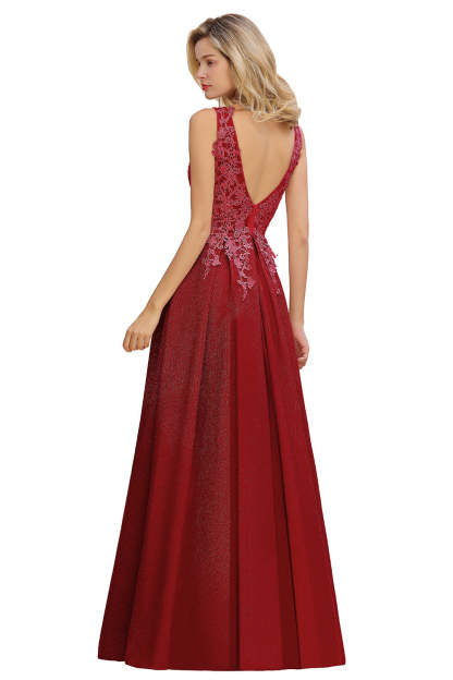 Long A Line V-Neck Sleeveless Tulle Lace Formal Dress with Appliques - YESBABYONLINE