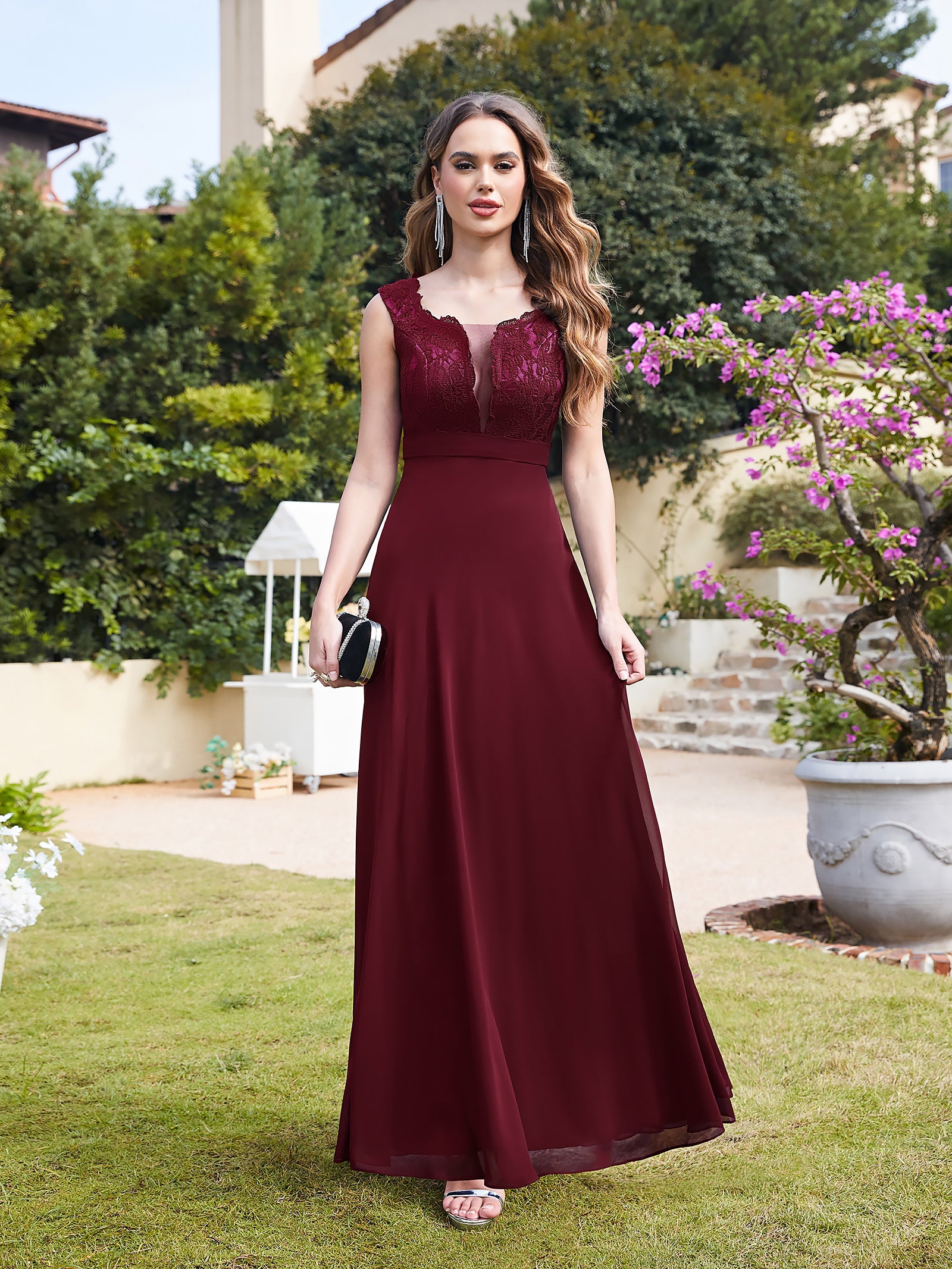 Long A Line Floral Lace Floor Length Sleeveless Chiffon Bridesmaid Dress - YESBABYONLINE